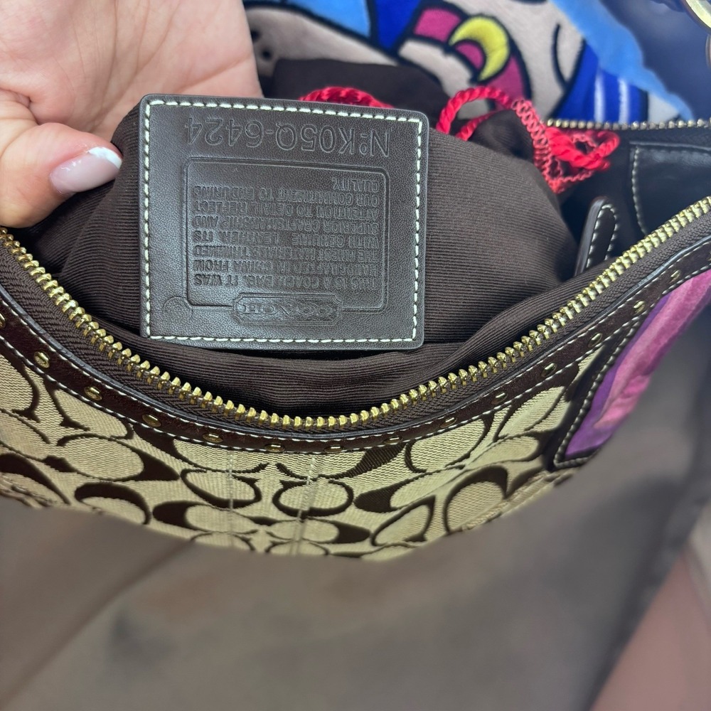 Vintage Coach Signature Jacquard Hobo Shoulder Bag Y2K Studded Brown Purple - Picture 8 of 10